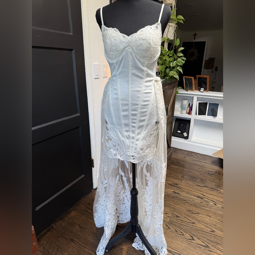 Fashion Nova White Lace Bridal Slip Dress with Train